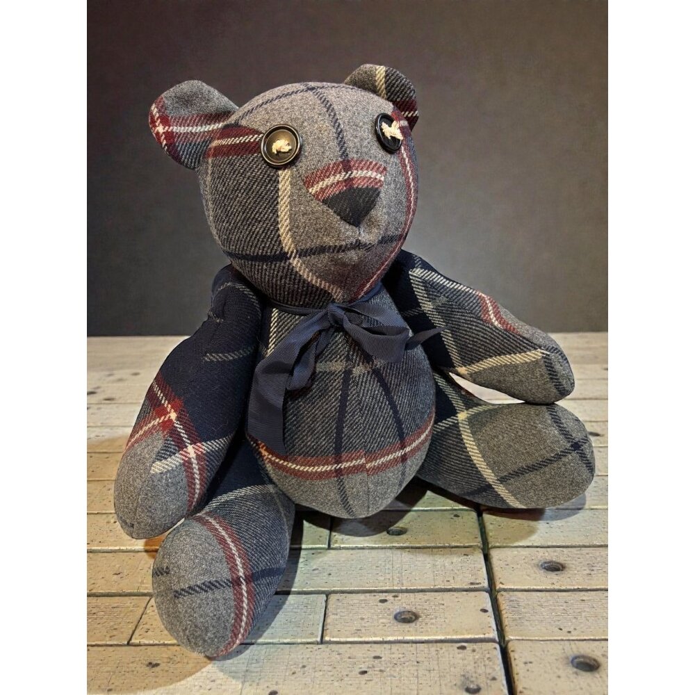 Handmade Wool Plaid Teddy Bear With Navy Bow & Vintage Buttons 18"